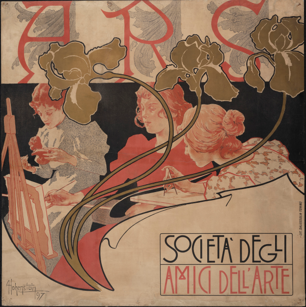 Ein Plakat, das die Gesellschaft der Kunst von Alphonse Mucha ankündigt, zeigt drei farbenfroh illustrierte Menschen mit einzigartigen Stilen vor einem hellgelben Hintergrund, mit "Gesellschaft der Kunst" in fetter schwarzer Schrift.