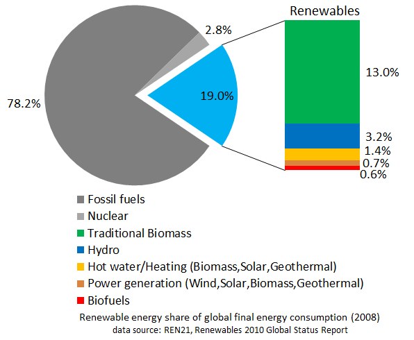Tortendiagramm, das den globalen Verbrauch erneuerbarer Energien im Jahr 2008 zeigt, unterteilt in Abschnitte für fossile Brennstoffe, Kernenergie, Wasserkraft, Heißwasser, Heizung, Biomasse, Solarenergie, Geothermie und Biokraftstoffe.