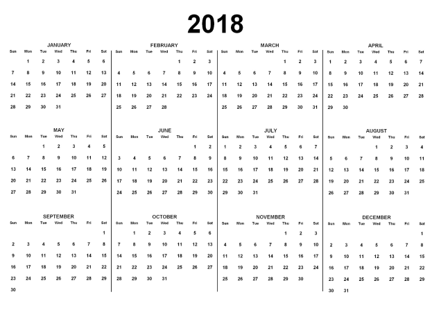Ein Schwarz-Weiß-Kalender aus dem Jahr 2018, der die Feiertage der USA auf einem weißen Hintergrund zeigt, mit Tagen, die in Wochen organisiert sind und Feiertage in fetter schwarzer Schrift.