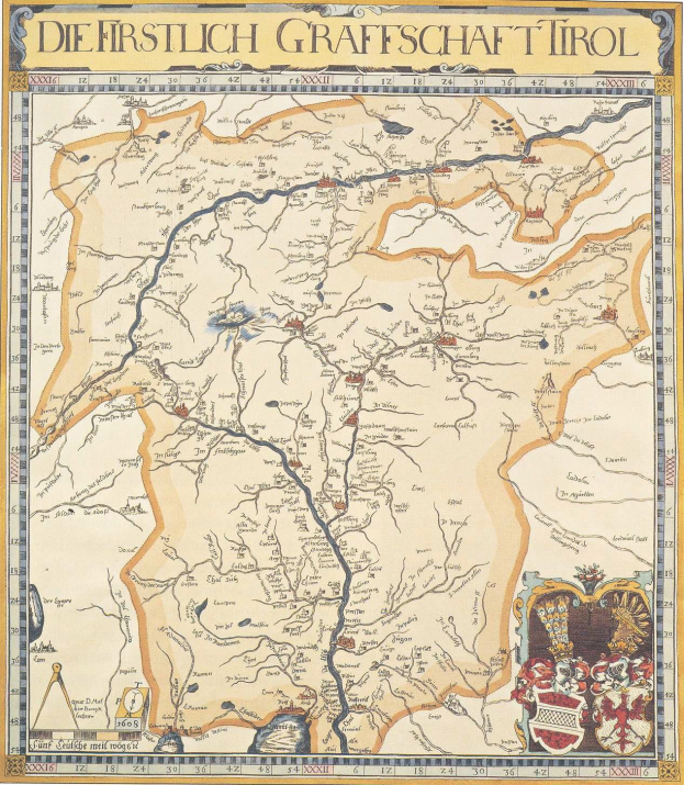 Ein detailliertes Plakat der ersten deutschen Grafschaft Tirol-Karte, das geografische Merkmale wie Flüsse, Berge und Städte zeigt und von erklärendem Text begleitet wird.