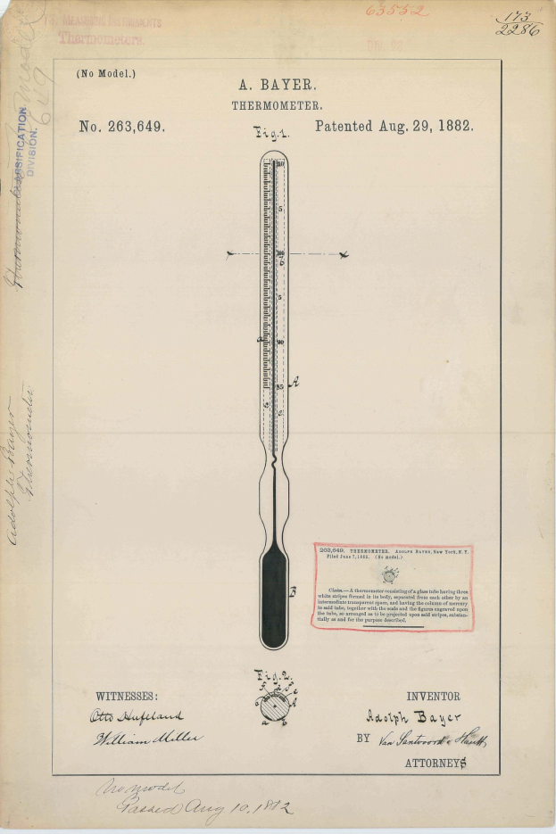 Ein altes Buch mit einer Zeichnung eines Thermometers, das mit 'Bayer Thermometer Patent No. 263,649' beschriftet ist.