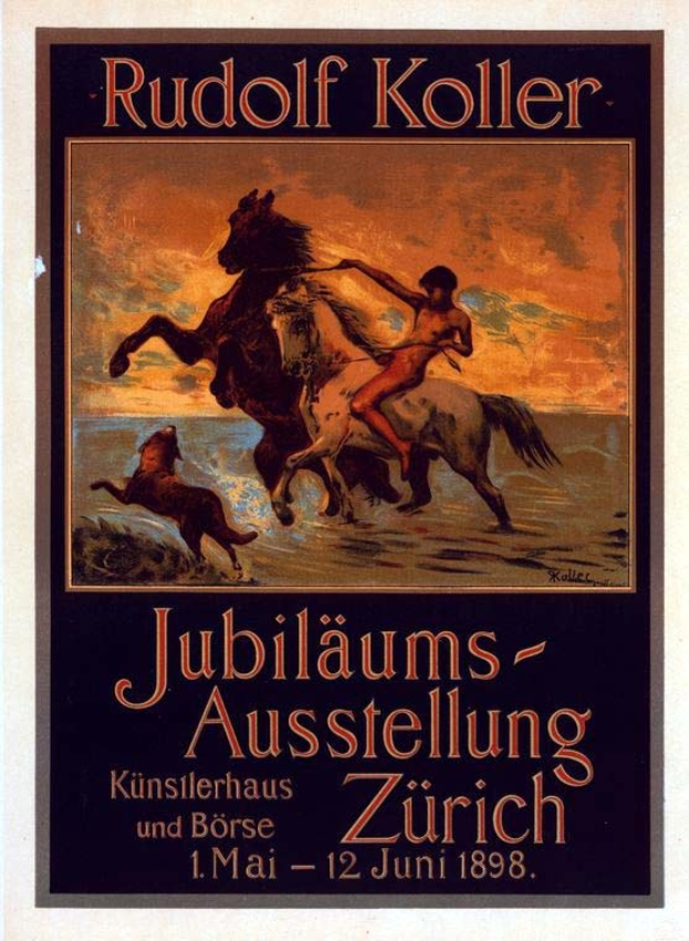 Plakat für die Jubiläumsausstellung von Rudolf Koller im Jahr 1898 in Zürich, das einen Reiter auf einem Pferd zeigt mit einer auffälligen Ausstellungstitelbeschriftung oben.