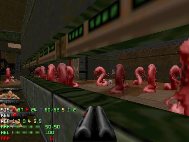 Animierter Screenshot aus *Doom II*, der mehrere Zombies in einem Raum, eine Waffe unten und Statusinformationen (Leben, Munition usw.) links zeigt.