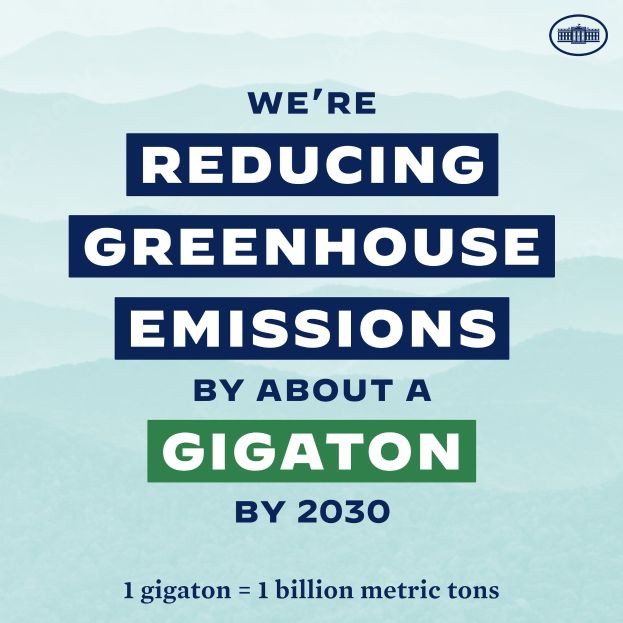 Plakat mit Text und Logo, das 'Wir reduzieren die Treibhausgasemissionen um etwa eine Gigatonne bis 2030' besagt.