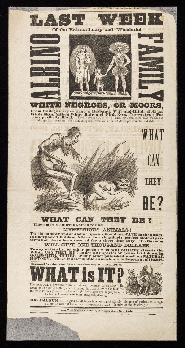 Eine Vintage-Zeitungsanzeige für eine Vorstellung mit dem Titel "Die letzte Woche der außergewöhnlichen und wundersamen Familie", die Text und Illustrationen verschiedener Personen zeigt.