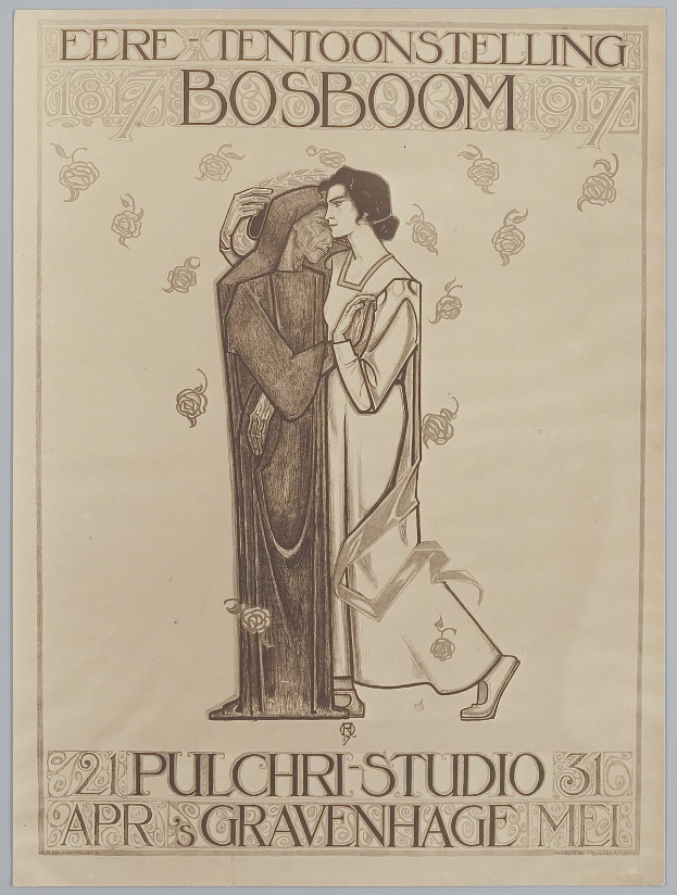 Ein Konzertplakat mit einem Mann im Anzug und einer Frau in einer Schürze, die nebeneinander stehen und ernst schauen, begleitet von Veranstaltungseinzelheiten.