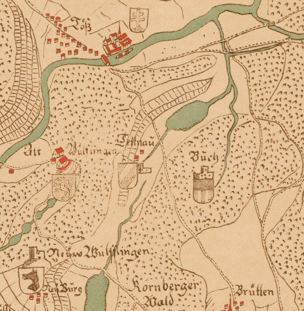 Eine detaillierte alte Karte von Berlin, Deutschland, die die Schlacht am Rhein River zeigt, mit beschrifteten Städten, Dörfern und dem Verlauf des Flusses, begleitet von beschreibendem Text über die Schlacht.