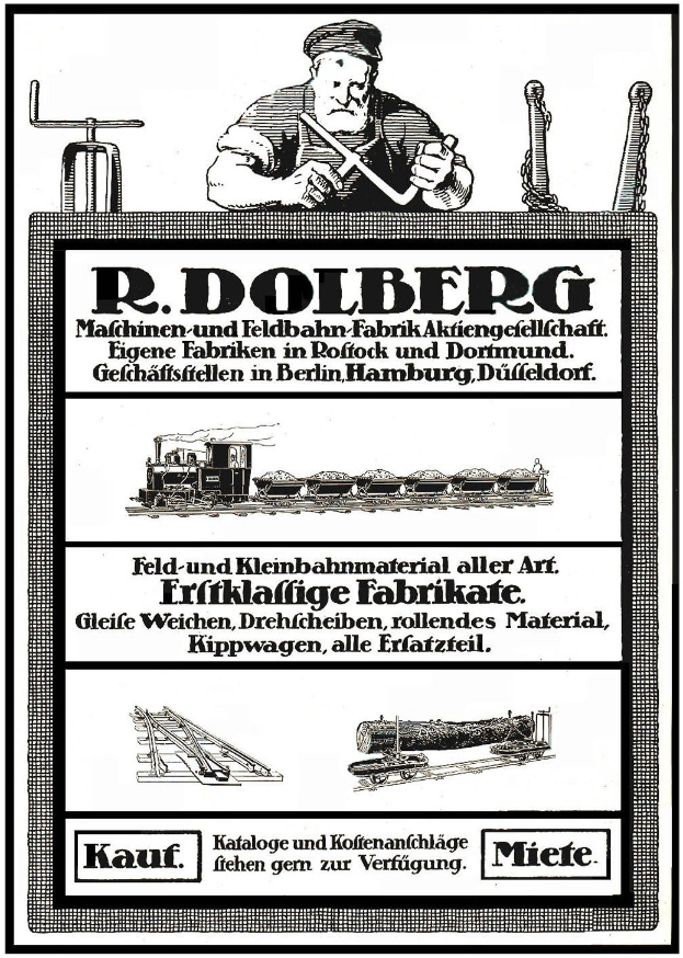 Werbeposter für die Fabrik von R.D. Dolberg in Hamburg, Deutschland, mit Text und Abbildungen einer Person, eines Zugs und weiterer Gegenstände.