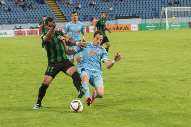 Menschen bei einem Spiel auf einem grünen Feld mit einem Ball, Netz und Absperrungen, während das Publikum von Stadionstühlen im Hintergrund zuschaut.