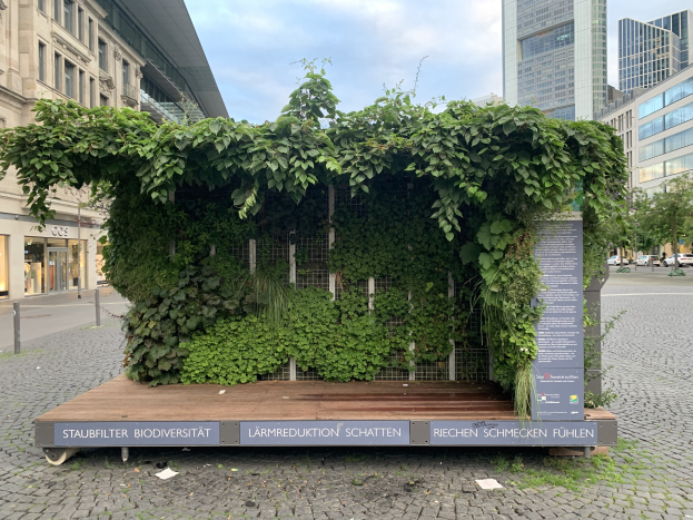 Ein grünes Gebäude mit Efeu an seiner Seite, umgeben von Bäumen, Fahrzeugen, Strommasten, Schildern und anderen Gebäuden unter einem bewölkten Himmel, Teil der Staufbilter Biodiversität in Berlin, Deutschland.