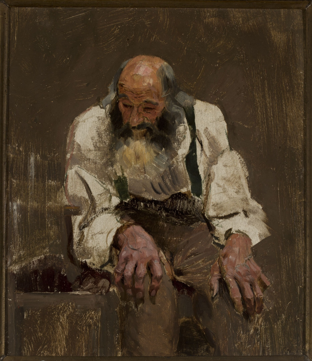 Ein gerahmtes Foto eines älteren Mannes mit Bart, der ein weißes Hemd und dunkle Hosen trägt und in einem Stuhl sitzt, die Augen geschlossen und die Hände auf den Armlehnen, mit einem friedlichen Gesichtsausdruck.