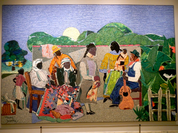 Ein Bild, das Männer und Frauen im Freien mit Teppichen, Musikinstrumenten, Bäumen, einem Vogel, einem Holzkohlegrill und der Sonne am Himmel zeigt.