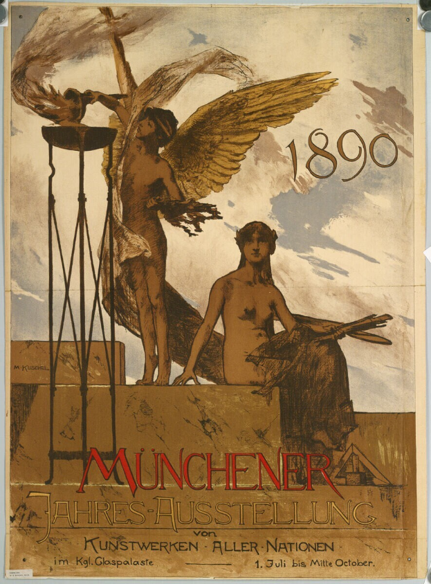 Ein Plakat an einer Gebäudewand in München, Deutschland, das ein Bild von zwei geflügelten Figuren und Text zeigt.