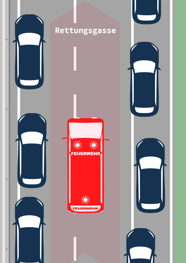 Roter Wagen fährt auf einer Straße mit der Aufschrift "Rettungsgasse" vorbei, umgeben von anderen Fahrzeugen.