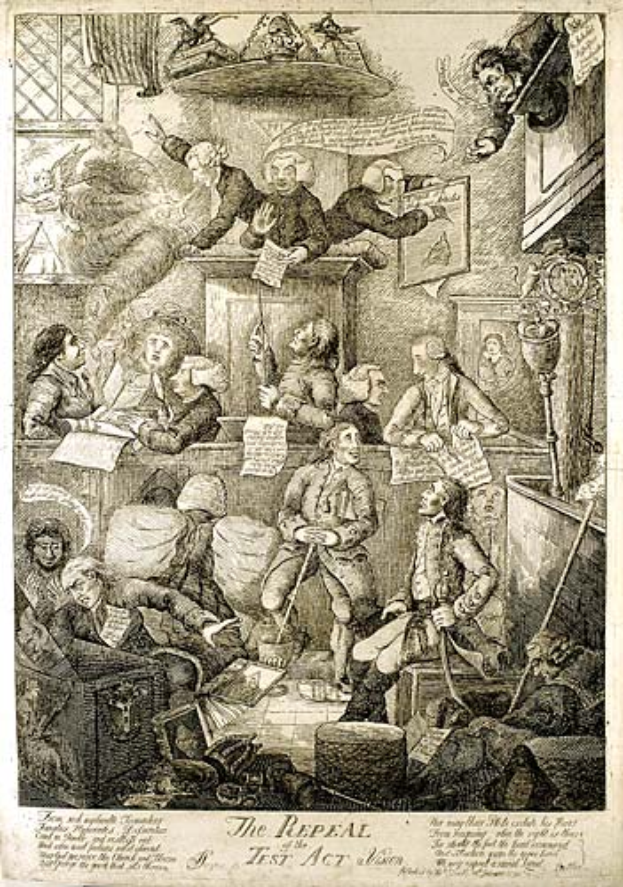 Ein Gravur von einer Gruppe von Menschen, die um einen Tisch in einem Raum sitzen, einige halten Papiere mit der Aufschrift "Die Aufhebung des Test Act" unten.