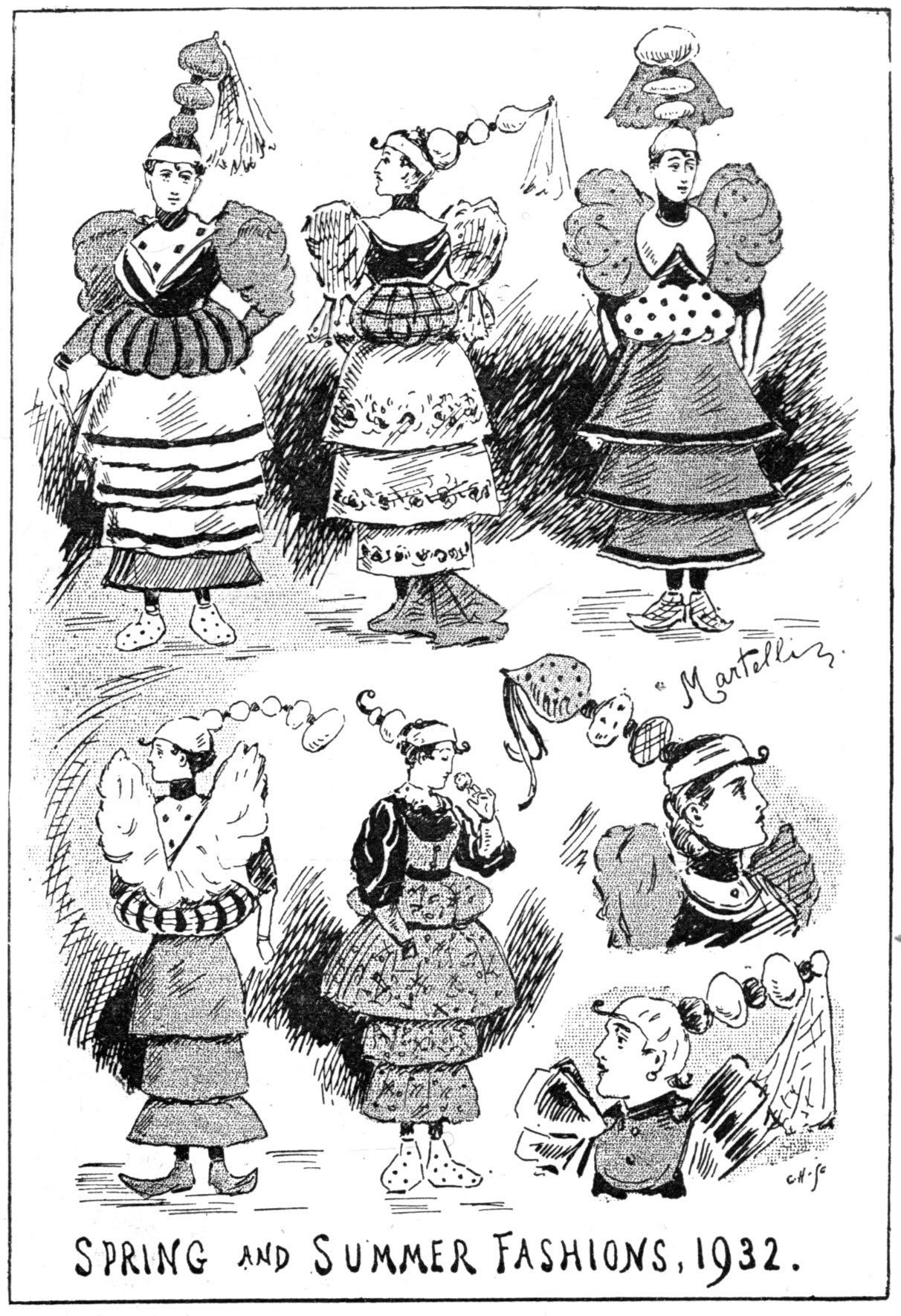 Modeillustration von Frauen in 1932 Frühjahrs- und Sommerkleidern mit begleitendem Text.