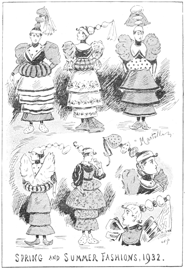 Modeillustration von Frauen in 1932 Frühjahrs- und Sommerkleidern mit begleitendem Text.