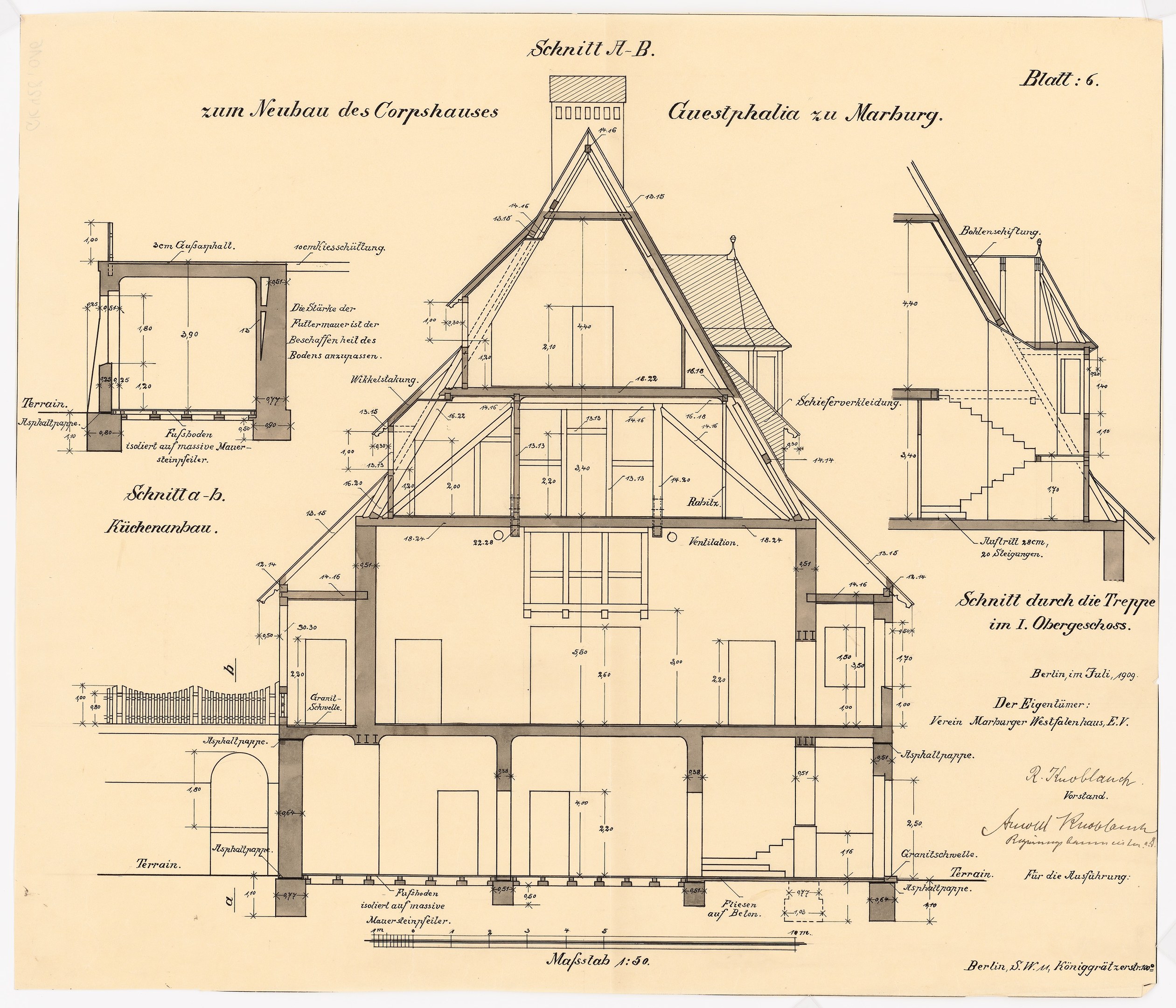 Schwarze-weiß-Zeichnung eines Hauses mit zahlreichen Fenstern und einem Dach, das als erstes Haus in Deutschland bezeichnet wird, begleitet von detaillierten Bauplänen und Text.