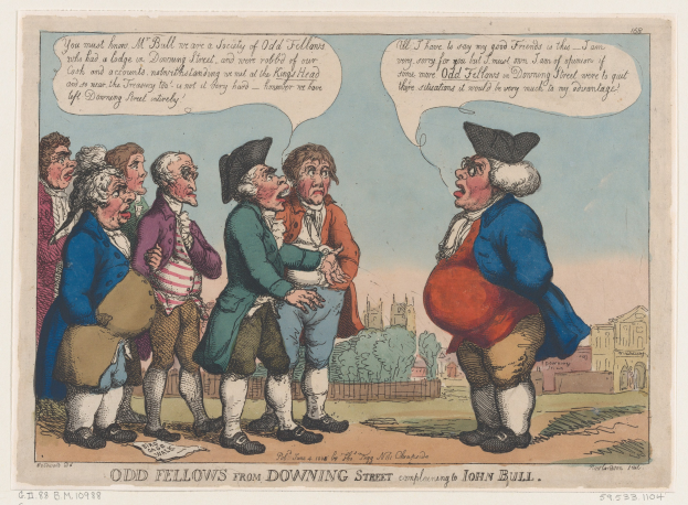 Eine Karikatur auf Papier zeigt eine Gruppe von Menschen vor einem Gebäude, Bäumen und Himmel, mit Text unten, der 'odd fellows from downing street complaining to John Bull' lautet.