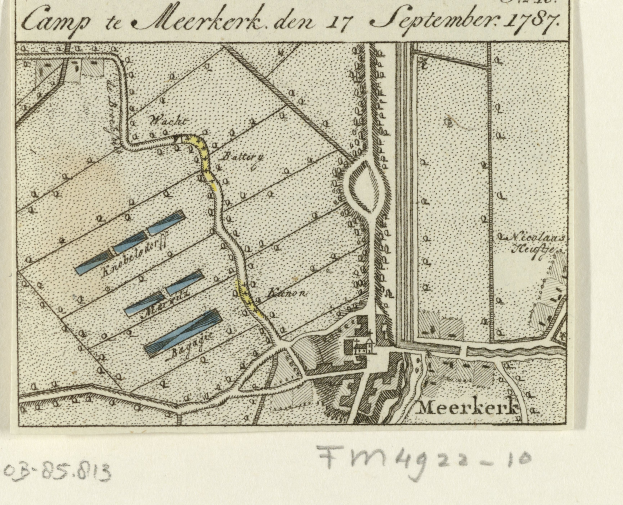 Ein detaillierter Stadtplan von Meerkerk, Niederlande, mit Straßen, Gebäuden und Sehenswürdigkeiten, versehen mit Text und Nummern.