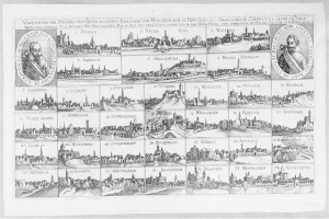 Eine Schwarz-Weiß-Zeichnung von Köln, Deutschland, mit zahlreichen Gebäuden, begleitet von Text und Bildern, die die Geschichte der Stadt darlegen.