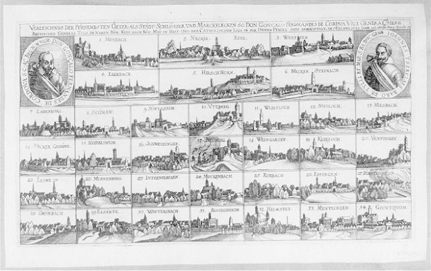 Eine Schwarz-Weiß-Zeichnung von Köln, Deutschland, mit zahlreichen Gebäuden, begleitet von Text und Bildern, die die Geschichte der Stadt darlegen.
