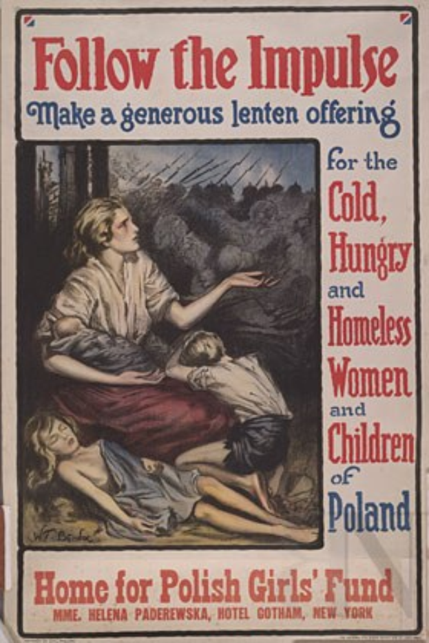 Plakat mit einer Frau in einem weißen Kleid mit ausgebreiteten Armen über zwei Kindern auf dem Boden, mit Text, der zu einer großzügigen Osteropfergabe für obdachlose Frauen und Kinder in Polen aufruft.