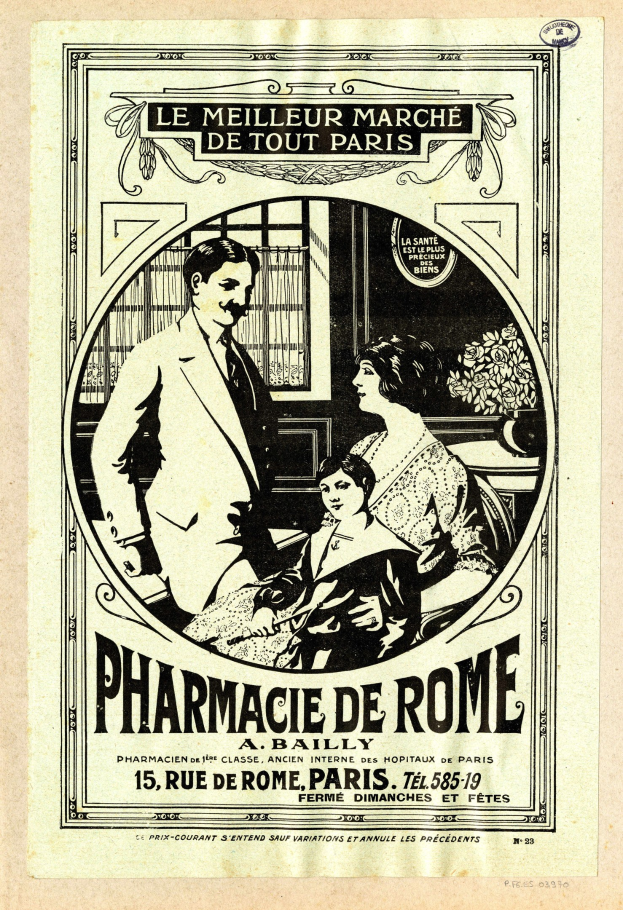Schwarz-weißer Werbeplakat für eine Apotheke in Rom, das einen Mann und eine Frau nebeneinander zeigt, mit Text, der seine Dienstleistungen beschreibt.