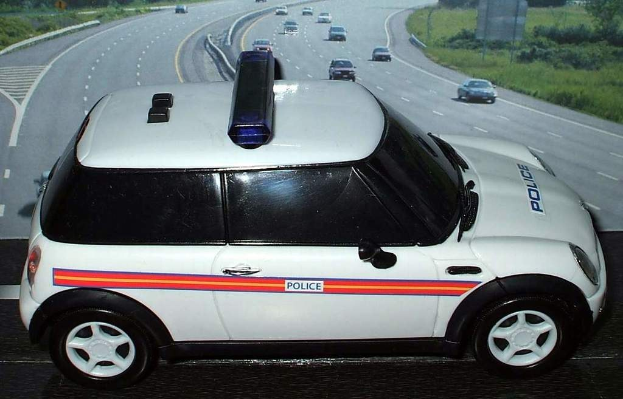 Weißes Polizeiauto mit "Polizei"-Aufschrift auf einer Landstraße, umgeben von fahrendem Verkehr, Gras und Bäumen auf beiden Seiten.