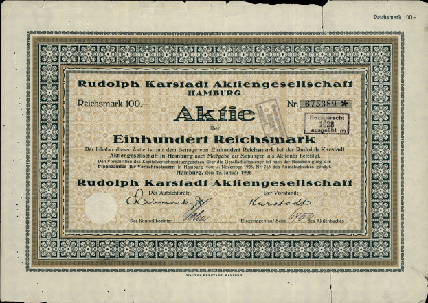 Ein altes deutsches Banknoten mit schwarzem Hintergrund und der Aufschrift "Rudolph Karlstadt Aktiengesellschaft Hamburg"
