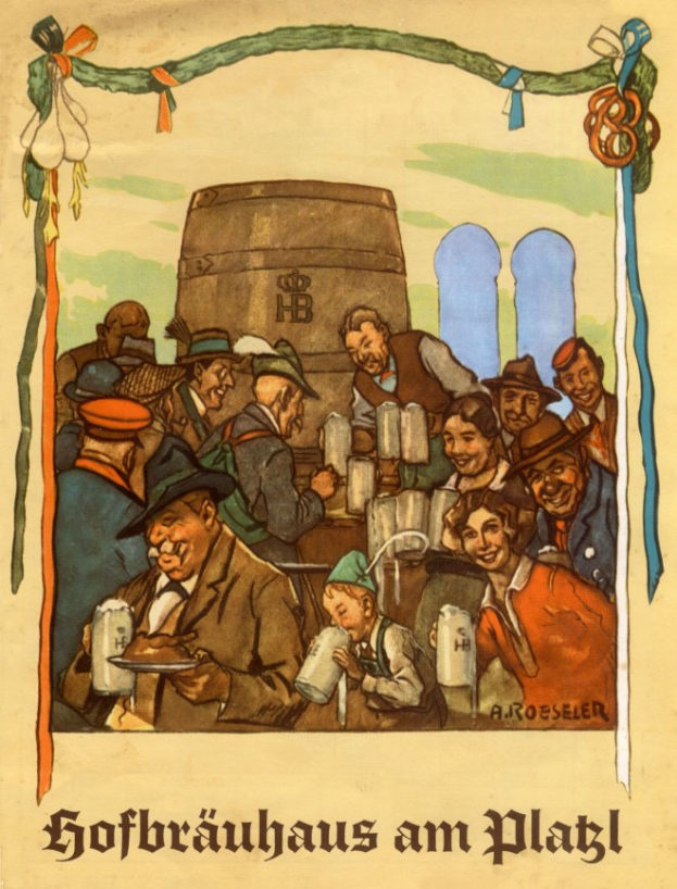 Ein Plakat, das ein Bierfest in Deutschland ankündigt und eine Gruppe von Menschen zeigt, einige halten Biergläser in der Hand, im Hintergrund ein Fass und deutscher Text unten.