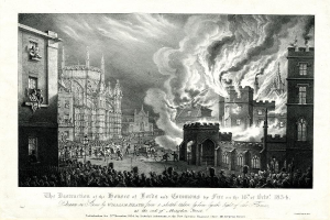 Schwarze und weiße Illustration einer Stadtstraße mit brennenden Gebäuden, fliehenden Menschen und raucherfüllten Himmel, betitelt "Die Zerstörung des Houses of Lords und Commons durch Feuer am 16. Oktober 1834".