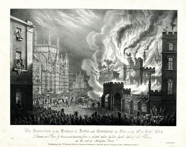Schwarze und weiße Illustration einer Stadtstraße mit brennenden Gebäuden, fliehenden Menschen und raucherfüllten Himmel, betitelt "Die Zerstörung des Houses of Lords und Commons durch Feuer am 16. Oktober 1834".