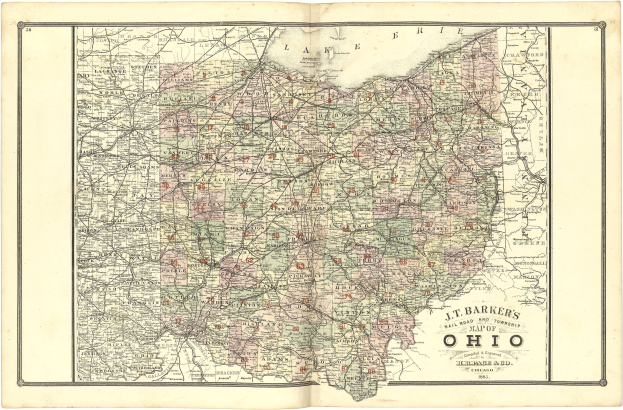 Alte Ohio-Karte mit J.T. Barkers Eisenbahn und Township, mit detaillierten Straßen, Städten und geografischen Merkmalen