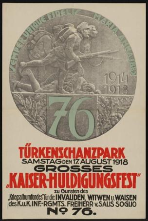 Plakat zum 70-jährigen Jubiläum des Kaiser-Huldigungsfests in Berlin, Deutschland, mit einer Gruppe von Menschen in der Mitte, umgeben von Text und Zahlen in einem klassischen Foto Rahmen.
