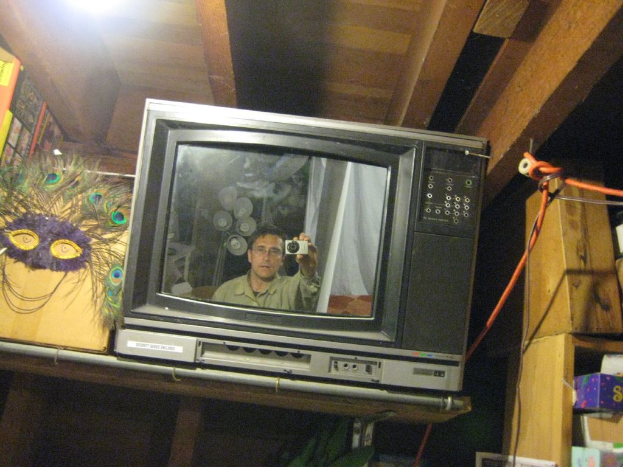 Ein Fernsehbildschirm mit einer Person umgeben von Pfauenfedern, Büchern und Kartons.