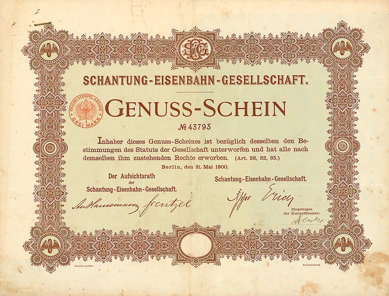 Alter deutscher Genuss-Schein-Actien-Schein mit Text- und Designelementen.