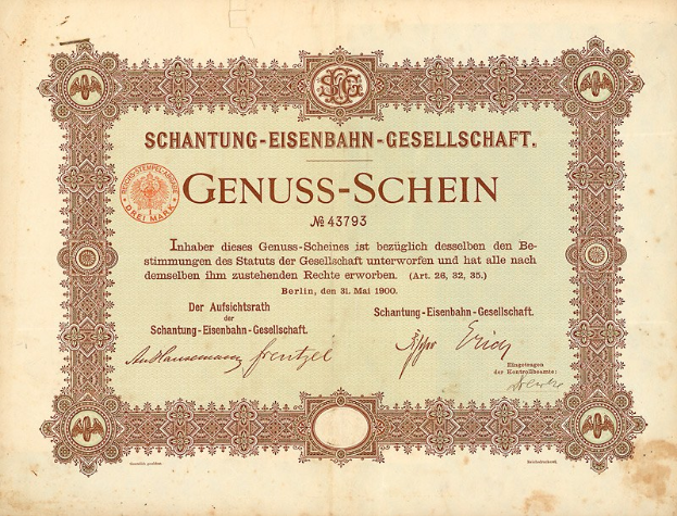 Alter deutscher Genuss-Schein-Actien-Schein mit Text- und Designelementen.