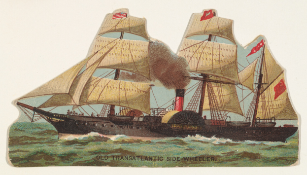 Ein altes transatlantisches Seitenraddampfschiff, das auf dem Wasser segelt, mit ein paar Menschen an Bord und Text am unteren Bildrand.