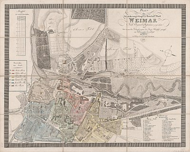 Ein detaillierter alter Stadtplan von Weimar, Deutschland, der Straßen, Gebäude, Sehenswürdigkeiten und begleitenden Text mit Informationen über die Bevölkerung, Sehenswürdigkeiten und Straßen zeigt.
