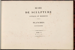 Ein altes Buch mit dem Titel "Musee de Sculpture Antique et Moderne", das detaillierte Details und leuchtende Farben aufweist, mit Text in einer klassischen Schriftart.