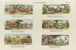 Ein aufgeschlagenes Buch mit Illustrationen von Kindern, die in einem Park spielen, umgeben von Bäumen, Gebäuden und einem Karren, zusammen mit Text.