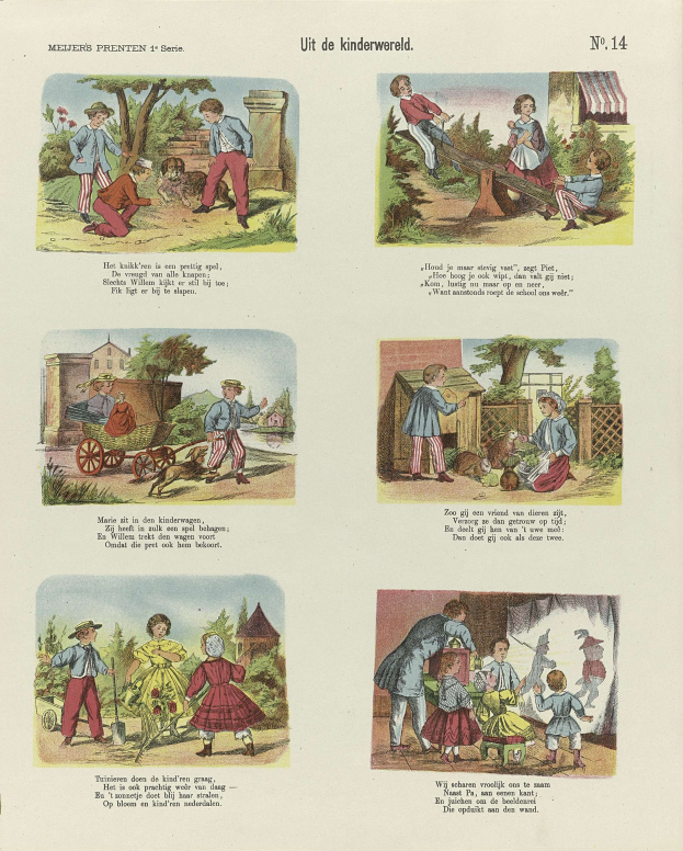 Ein aufgeschlagenes Buch mit Illustrationen von Kindern, die in einem Park spielen, umgeben von Bäumen, Gebäuden und einem Karren, zusammen mit Text.