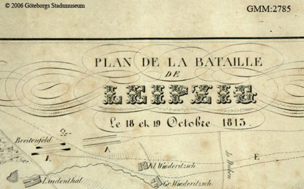 Ein detaillierter alter Stadtplan der Schlacht von Leipzig, der verschiedene Kämpfe zeigt und mit Texten versehen ist, die Informationen wie Daten, Uhrzeiten und Orte bereitstellen.