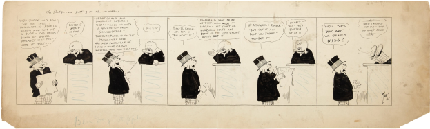 Ein Comic-Strip-Panel mit einem Mann in Zylinder und einer Frau in einem Kleid, die sich in einer Diskussion befinden, wobei der Mann ein Blatt Papier hält.