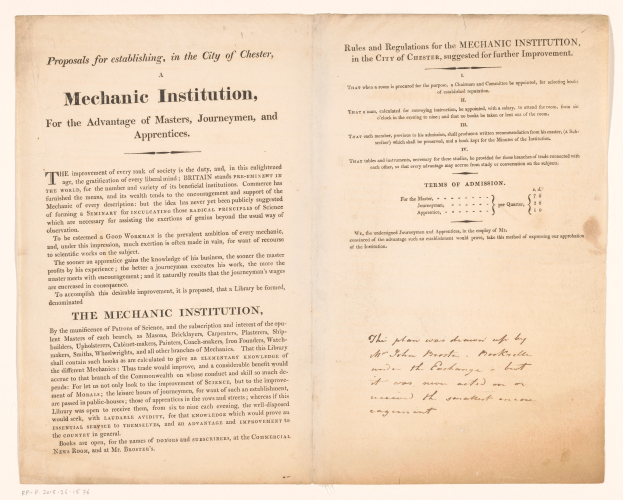 Ein offenes Buch mit dem Titel "Mechanische Anstalt, zum Vorteil von Meistern, Gesellen und Lehrlingen."