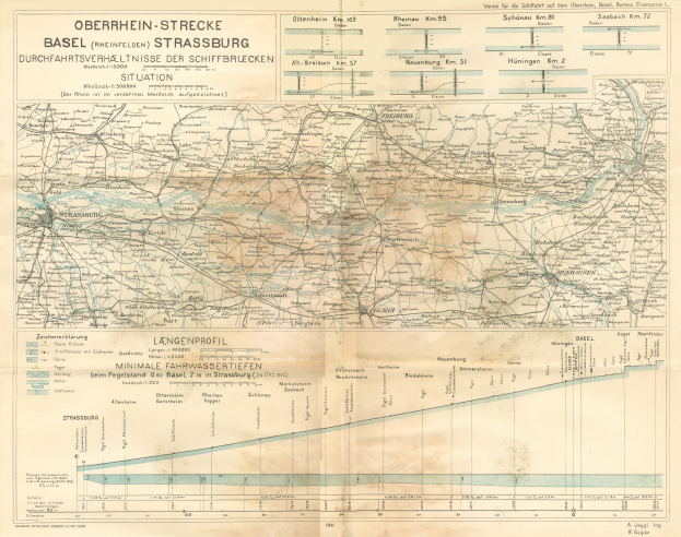 Ein altes Kartenbild des Basel-Strasburg-Gebietes in Deutschland, das Text und Linien zeigt, die die Ausdehnung der Eisenbahnlinie anzeigen.