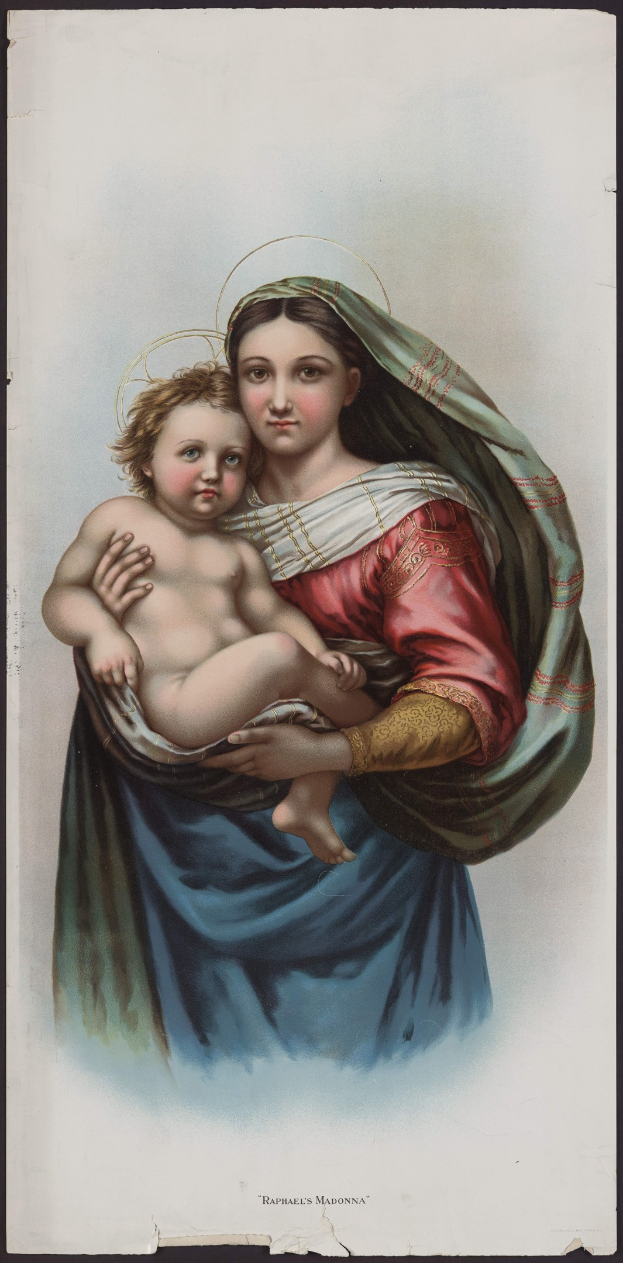 Eine Frau in einem roten und blauen Kleid wiegt ein Baby, ihre Augen sind geschlossen und ihre Lippen leicht geöffnet, mit ihrem Haar zu einem Dutt gebunden.