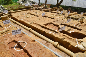 Große Grabungsstelle mit freigelegter Erde, umgeben von Vegetation, einem Zaun, einer Abdeckung, einer Wand, Texttafeln, Rohren und verstreuten Gegenständen.