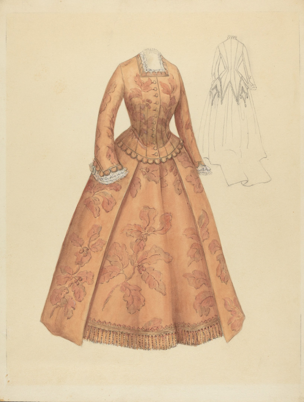 Eine Zeichnung eines 18. Jahrhundert-Kostümdesigns mit einem langen Kleid mit hohem Kragen, floral gemustertem Oberteil in Rosa, Lila und Blau und einer Spitzenbesetzten Röcke auf einem hellblauen Hintergrund.